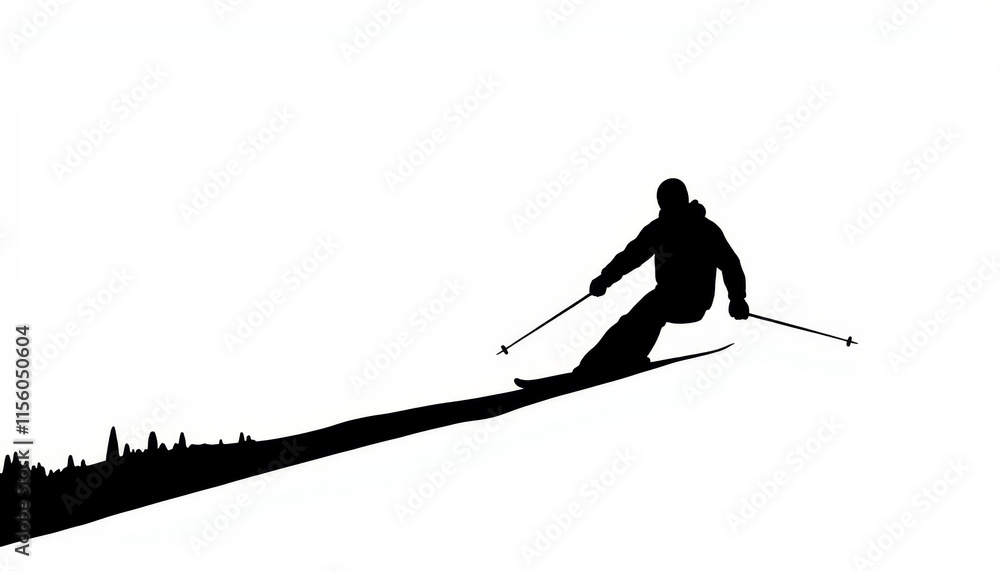 Fototapeta premium Dynamic skier carving through fresh powder on a serene mountain slope at sunset