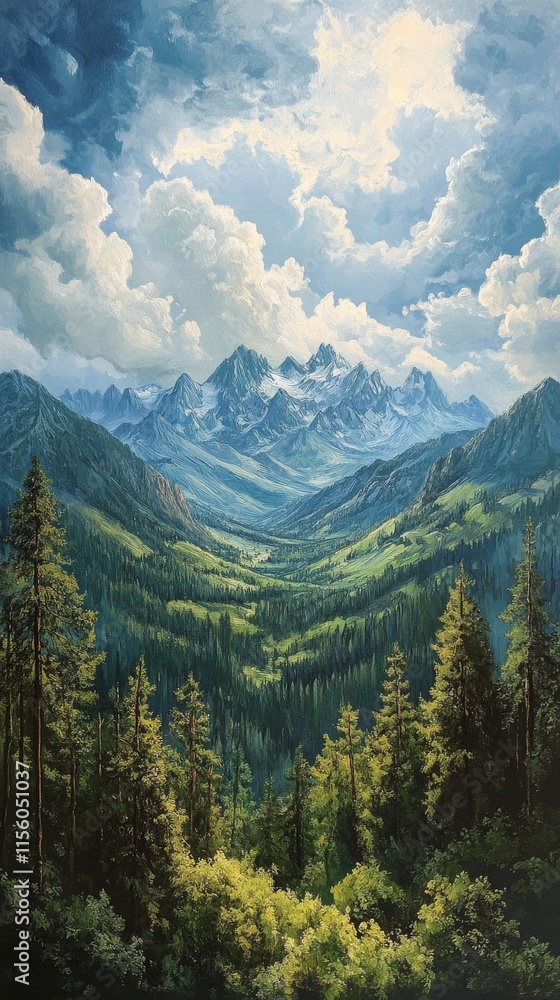 Fototapeta premium Majestic mountain landscape with lush forests and dramatic skies at sunset