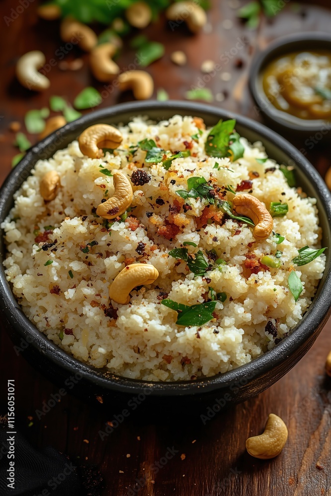 Fluffy Upma with Roasted Cashews, Curry Leaves, and Coconut Chutney Styled on Rustic Wooden Table Fluffy Upma with Roasted Cashews, Curry Leaves, and Coconut Chutney Styled on Rustic Wooden Table