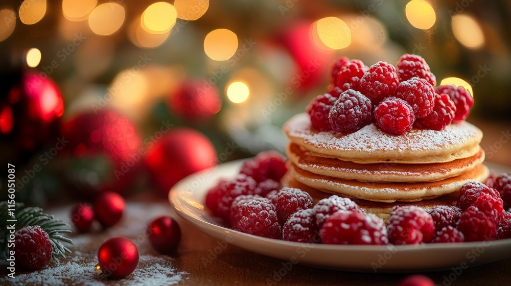 Festive Pancake Stack with Berries and Powdered Sugar Festive Pancake Stack with Berries and Powdered Sugar