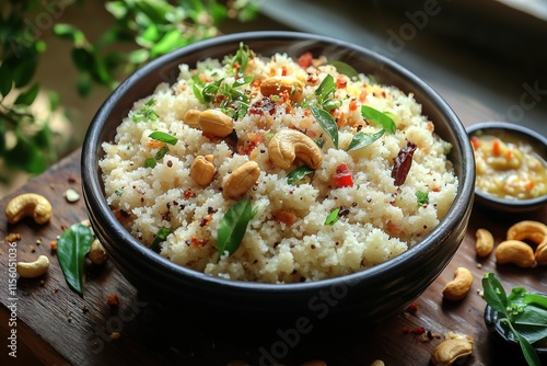 Fluffy Upma with Roasted Cashews, Curry Leaves, and Coconut Chutney Styled on Rustic Wooden Table photo