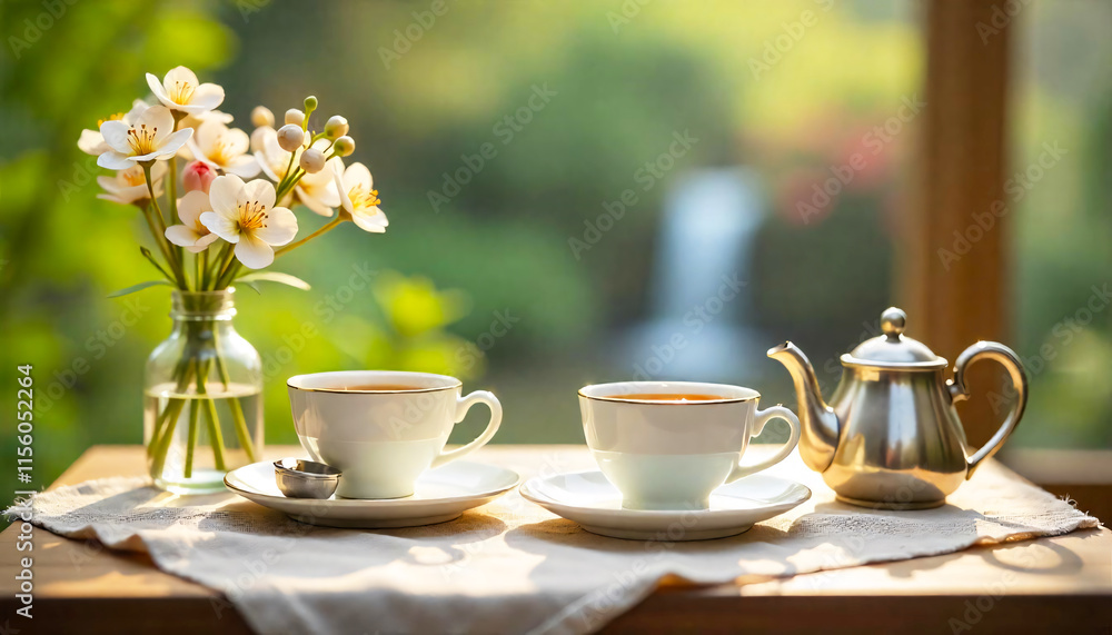 A set of antique teacups sits on a table covered with a white cloth. A set of antique teacups sits on a table covered with a white cloth.