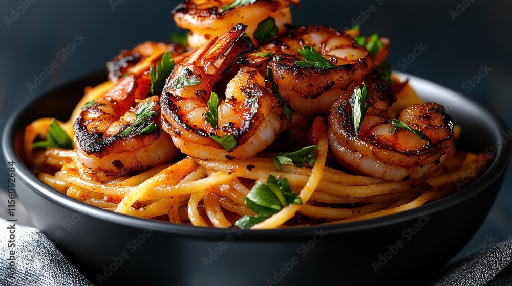 A warm, inviting dish of grilled shrimp atop a bed of spaghetti garnished with herbs, served in a polished black bowl, exuding a sense of culinary elegance. A warm, inviting dish of grilled shrimp atop a bed of spaghetti garnished with herbs, served in a polished black bowl, exuding a sense of culinary elegance.