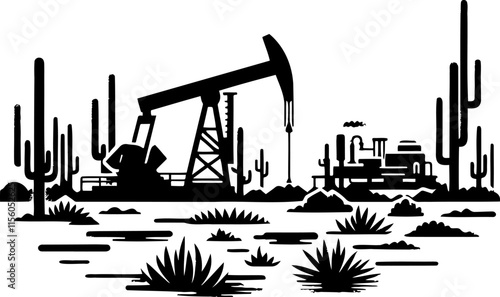 Silhouette of Oil Pumpjack and Refinery in Desert Landscape