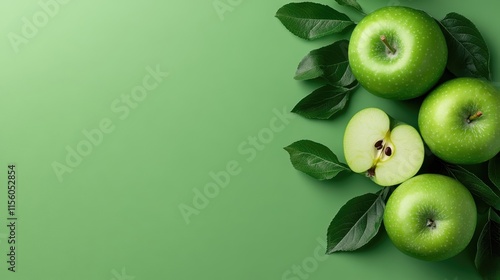 Wallpaper Mural A collection of fresh green apples with leaves, including a whole and a sliced view, sits elegantly against a backdrop, symbolizing nature's bounty and health. Torontodigital.ca