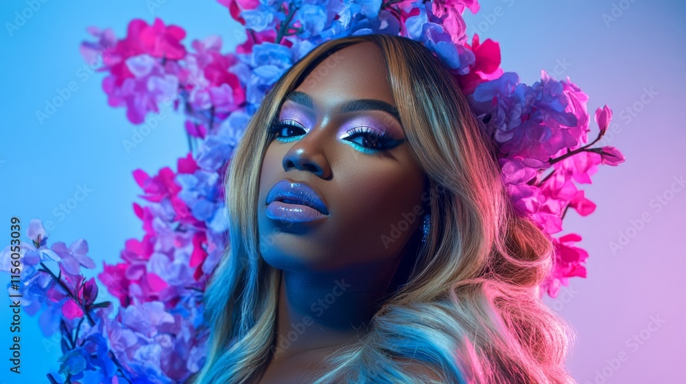 Portrait of a Fashionable Model with Vibrant Makeup Surrounded by Colorful Floral Decorations in a Creative Studio Setting Portrait of a Fashionable Model with Vibrant Makeup Surrounded by Colorful Floral Decorations in a Creative Studio Setting