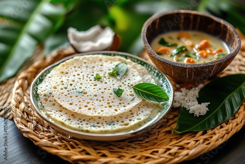 Appams with Creamy Vegetable Stew Served on Ceramic Plate Styled in a rustic look photo