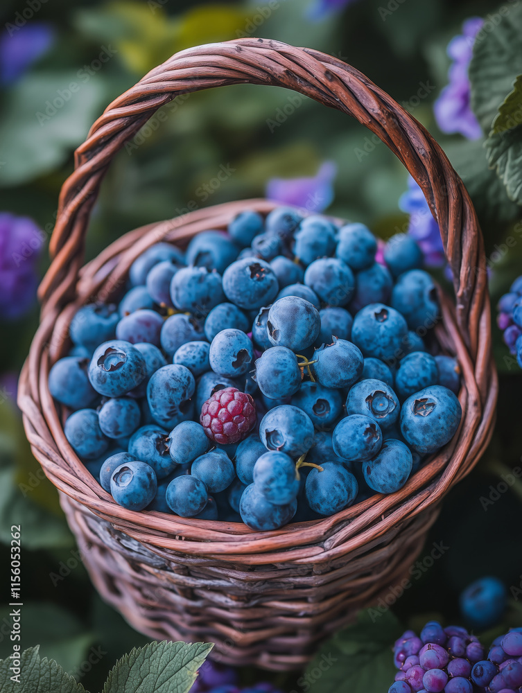 Freshly picked berries in a rustic basket adorned with vibrant leaves