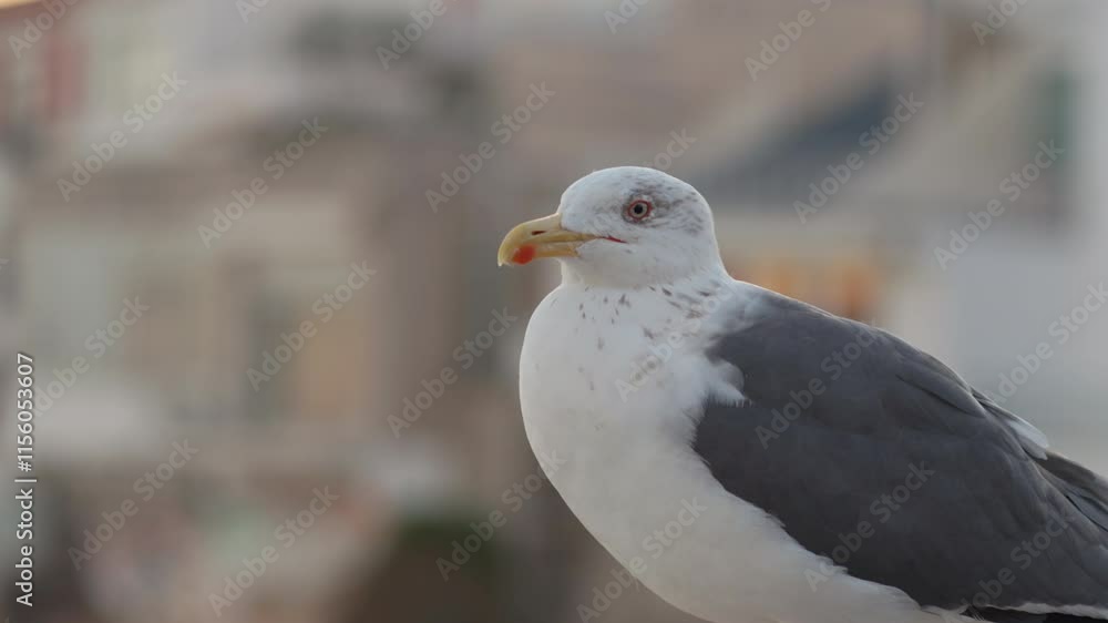 Seagull with grey and white plumage stands calmly on a railing overlooking the water as the sun sets behind city buildings Seagull with grey and white plumage stands calmly on a railing overlooking the water as the sun sets behind city buildings