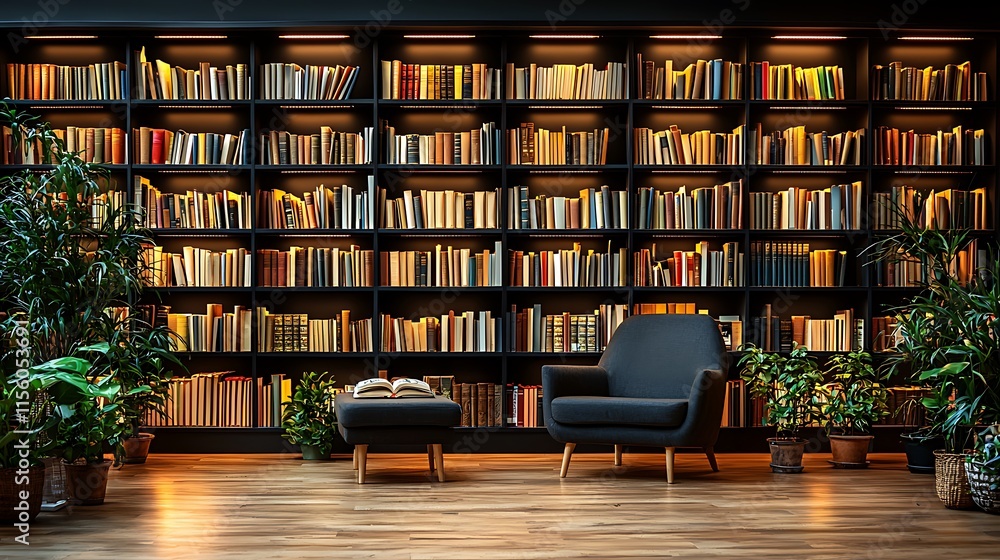 Illuminated Library With Armchair And Plants Illuminated Library With Armchair And Plants