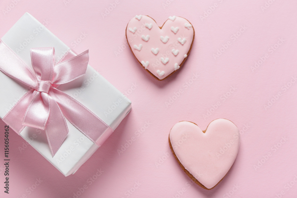 Tasty heart shaped cookies with gift box on pink background. Valentine's Day celebration Tasty heart shaped cookies with gift box on pink background. Valentine's Day celebration