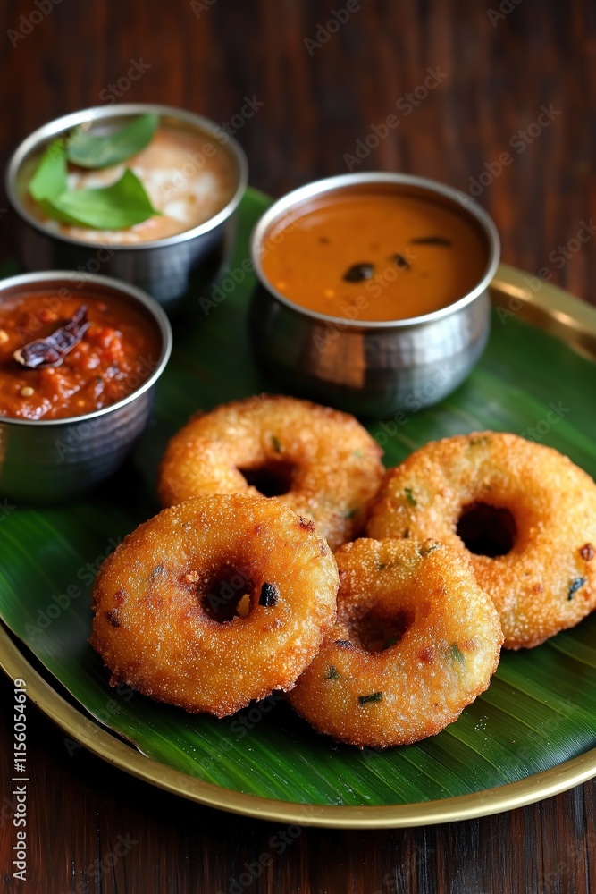 Traditional South Indian Medu Vada Platter with Coconut Chutney, Sambar, and Rustic Brass Plate Styling Traditional South Indian Medu Vada Platter with Coconut Chutney, Sambar, and Rustic Brass Plate Styling