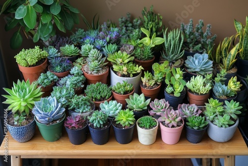 Vibrant collection of succulents and flowering plants displayed at a garden center during the day