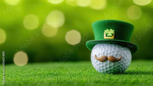 a golf ball, wearing a leprechaun hat, mustache, green in background   photo