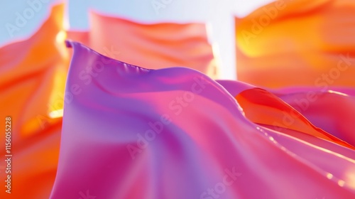 Vibrant Flowing Fabric in Shades of Pink and Orange Silks with Soft Textures Under Bright Sunlight Creating a Dreamy Atmosphere for Background and Design