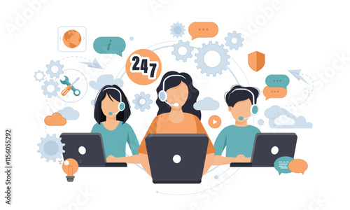 Customer service, hotline operators consult customers with headsets on computers, 247 global online technical support, Call center, call processing system, Vector illustration