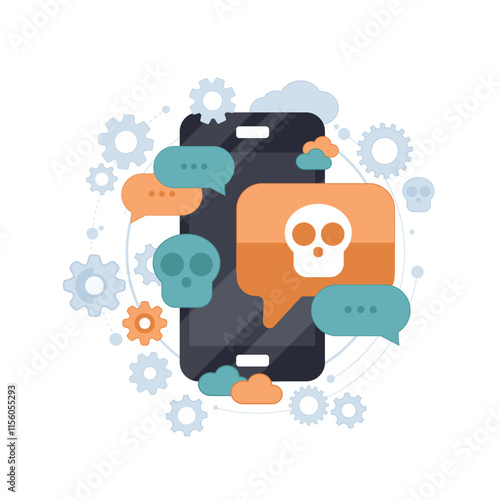 Malware notification on smartphone. Mobile phone with skull bones bubble speech red alert, concept of spam data, fraud internet error message, insecure connection, virus, online scam. Flat vector