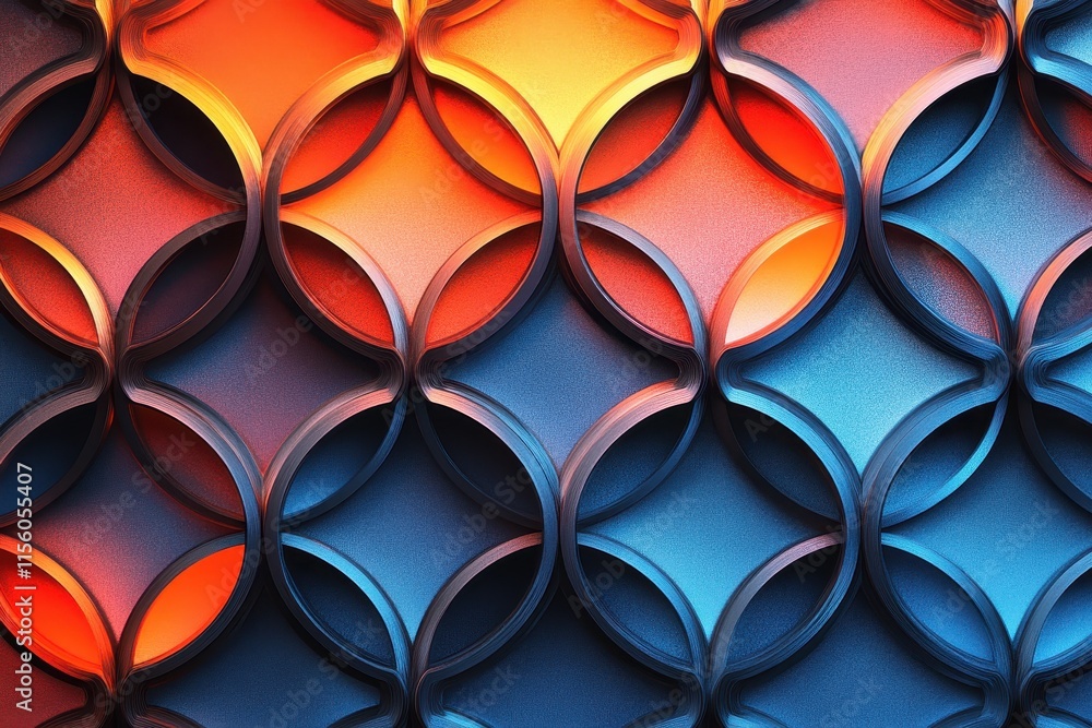 Overlapping circular 3D design with a gradient of warm orange and cool blue tones creating a dynamic abstract composition Overlapping circular 3D design with a gradient of warm orange and cool blue tones creating a dynamic abstract composition