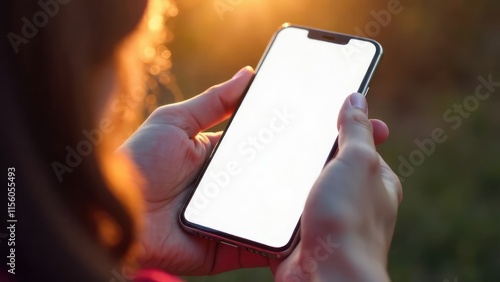 A person's hands hold a smartphone with a blank white screen illuminated by a warm sunset glow.
Concept of golden hour connectivity. Smartphone Screen Mockup  photo