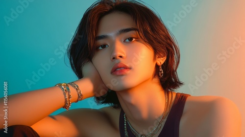 Young man posing with a thoughtful expression, wearing layered jewelry, against a soft blue and orange gradient background, capturing modern style and youthfulness in photography