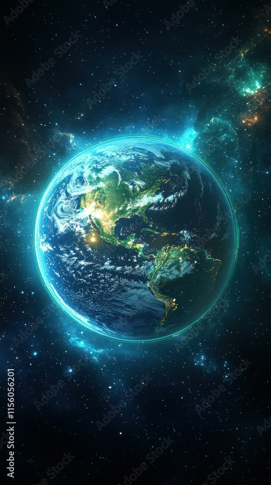 Earth from space, glowing brightly. AI. Earth from space, glowing brightly. AI.