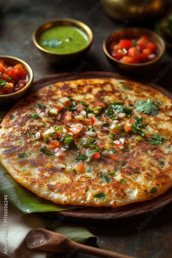 South Indian Uthappam on Banana Leaf with Chutneys and Sambar, Close-Up Culinary Delight South Indian Uthappam on Banana Leaf with Chutneys and Sambar, Close-Up Culinary Delight
