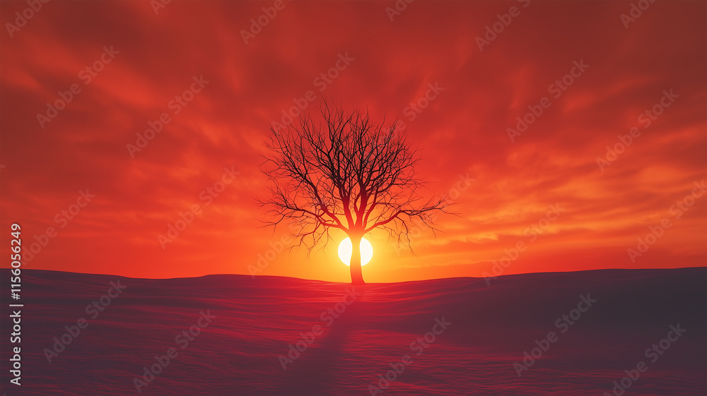 Obraz premium 赤い夕日に照らされる雪原の木