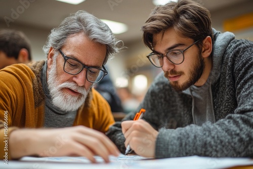 A young man and older gentleman collaborate closely, sharing ideas and writing notes in a lively academic environment. Generative AI photo