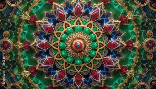 A highly detailed abstract mandala pattern with concentric, symmetrical designs in bright jewel tones like emerald green, sapphire blue, and ruby red, accented by golden filigree and subtle glowing hi