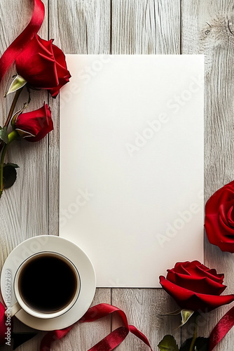 Vertical banner Valentine day cafe menu template with roses, coffee for romantic. Holiday mockup for bakery, coffee shop. Menu made of craft paper. Blank white sheet on wooden table with Copy space