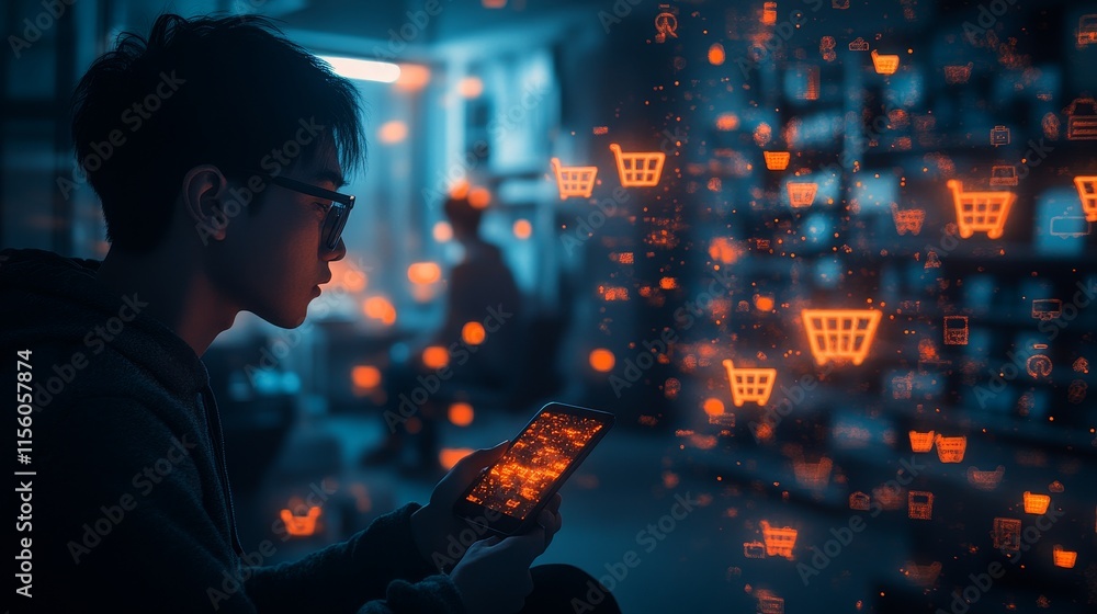 Man Holding Phone with Glowing E-Commerce Icons: Online Shopping, Digital Marketing, Mobile Commerce, and Future Technology Man Holding Phone with Glowing E-Commerce Icons: Online Shopping, Digital Marketing, Mobile Commerce, and Future Technology