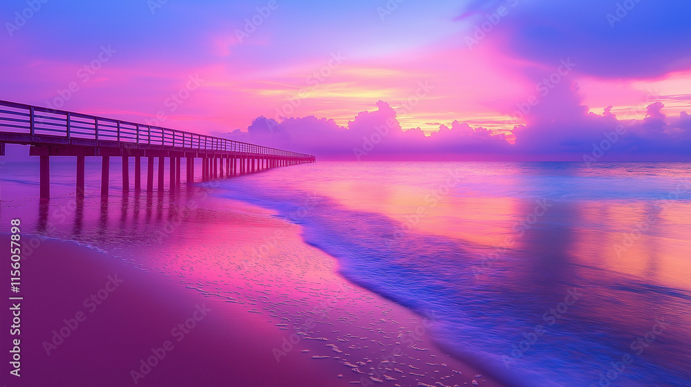 Sunset over the tranquil ocean with a picturesque pier stretching into the horizon Sunset over the tranquil ocean with a picturesque pier stretching into the horizon