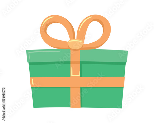 Isolated Cartoon Gift tied with ribbon, yellow Bow. Green festive greeting Box. Congratulatory Present for holiday, birthday, New Year. Cute Surprise for child. Front view. Color vector illustration