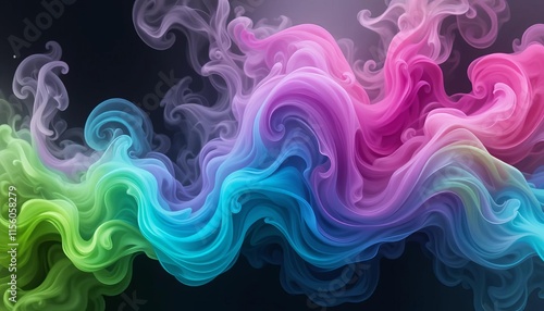 An abstract pattern resembling billowing smoke, with soft, flowing wisps in vibrant colors like magenta, cyan, and lime green, blending into a gradient of black and gray, giving a dreamy, ephemeral  photo