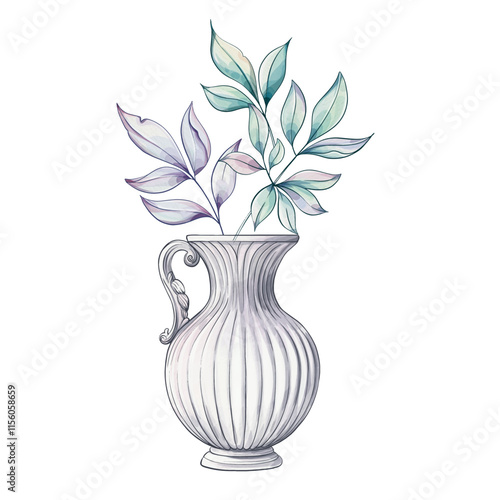 A beautifully painted vase holds delicate pastel leaves, exuding tranquility and showcasing artistic flair in soft watercolor tones