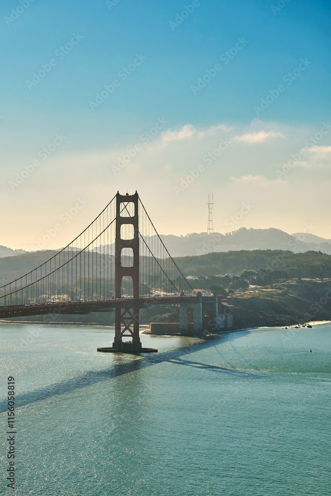 Panoramic view of the large metal red bridge across the bay Panoramic view of the large metal red bridge across the bay