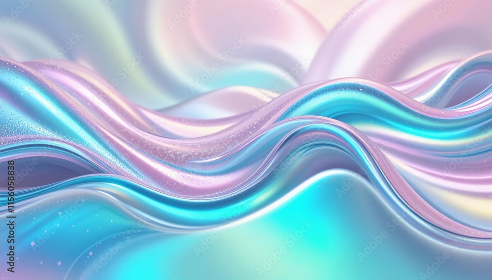 An abstract wave-like pattern with a holographic effect, blending pastel shades of pink, green, and blue with metallic reflections, creating a shimmering, futuristic, and fluid aesthetic An abstract wave-like pattern with a holographic effect, blending pastel shades of pink, green, and blue with metallic reflections, creating a shimmering, futuristic, and fluid aesthetic