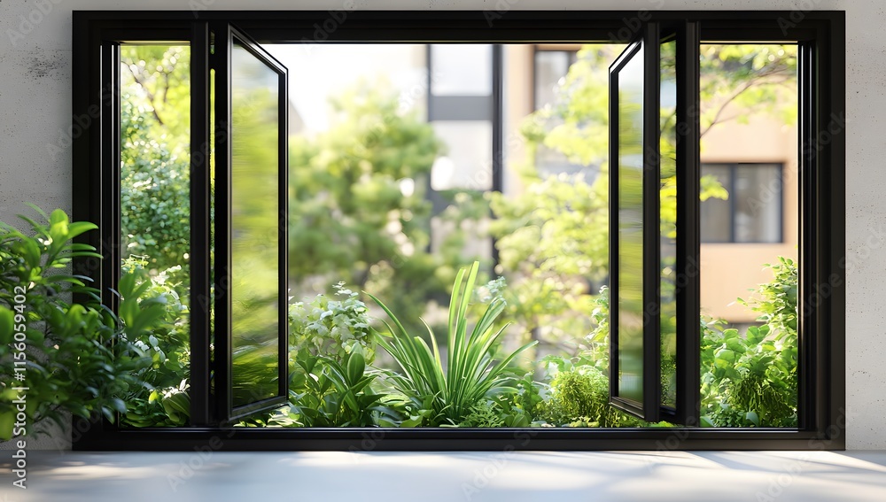 Modern Black Frame Window Lush Greenery Peaceful Garden View Modern Black Frame Window Lush Greenery Peaceful Garden View