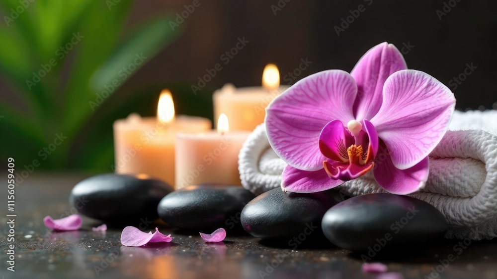 A serene spa arrangement features a pink orchid, smooth black stones, lit candles, and a white towel.
Concept of: Tranquility and spa experience. A serene spa arrangement features a pink orchid, smooth black stones, lit candles, and a white towel.
Concept of: Tranquility and spa experience.