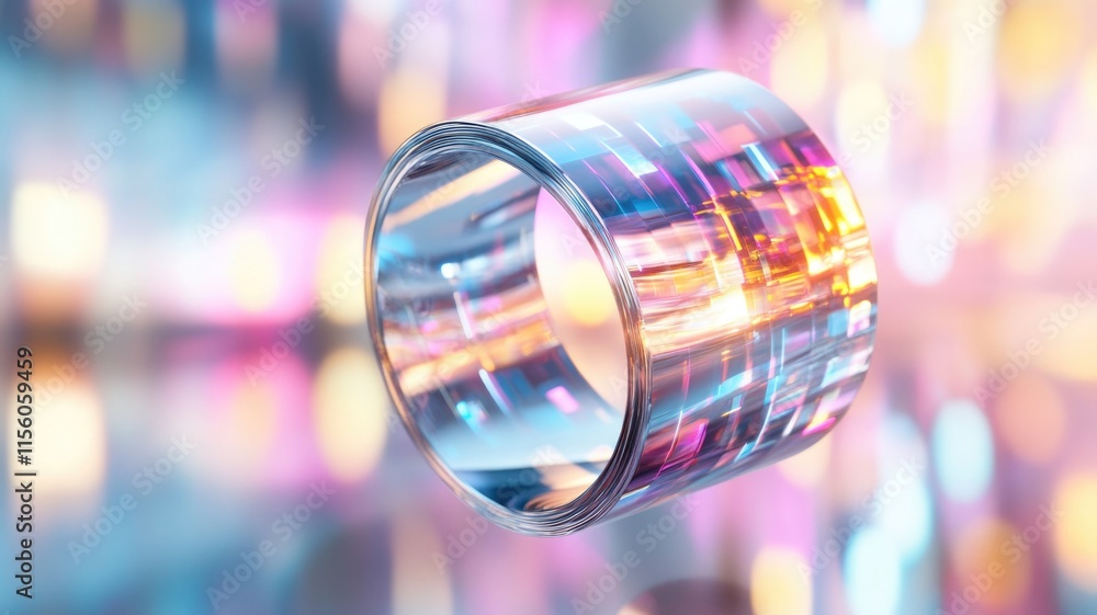 Futuristic abstract holographic cylinder with colorful light reflections and geometric patterns Futuristic abstract holographic cylinder with colorful light reflections and geometric patterns
