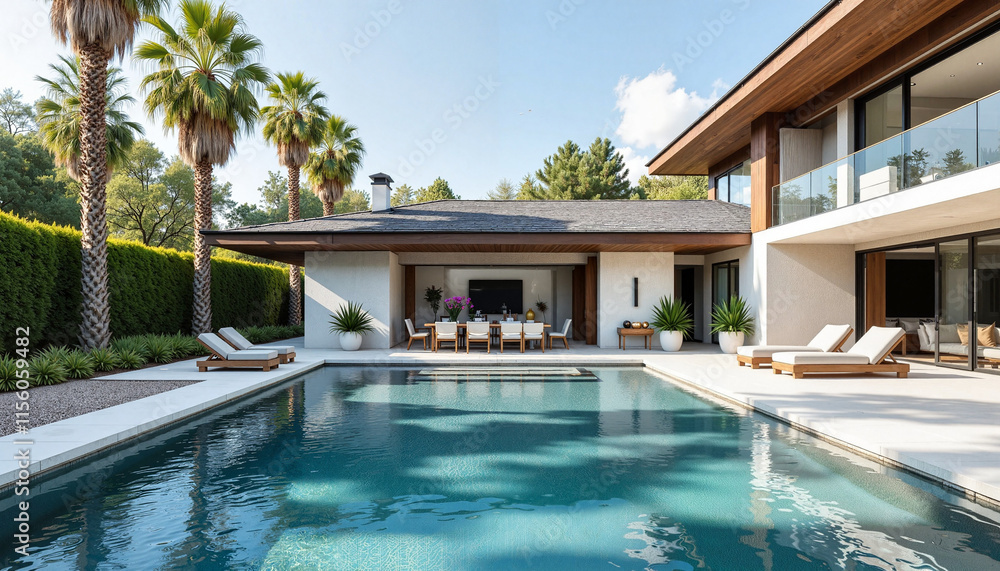 Modern house with pool surrounded by palm trees Modern house with pool surrounded by palm trees