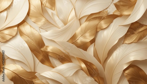 An elegant abstract pattern of overlapping feather-like shapes in shades of gold, bronze, and soft cream, arranged in a flowing, seamless design with subtle textures and shimmering highlights 