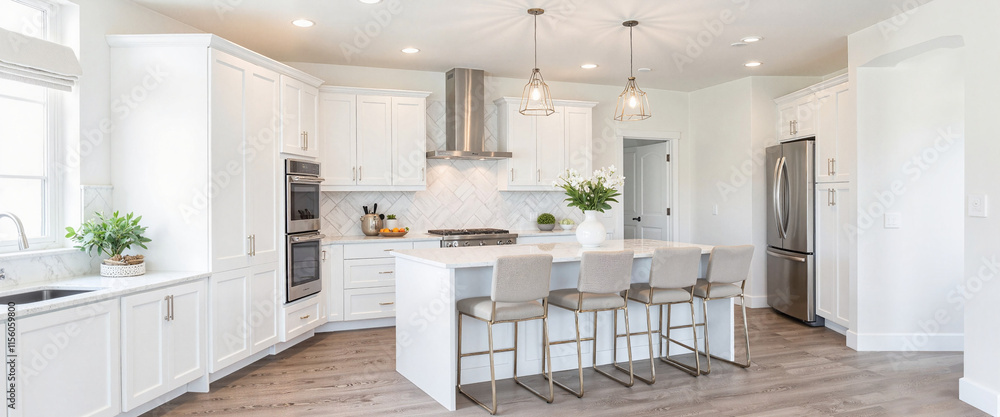 Modern kitchen interior with white cabinetry and spacious layout Modern kitchen interior with white cabinetry and spacious layout