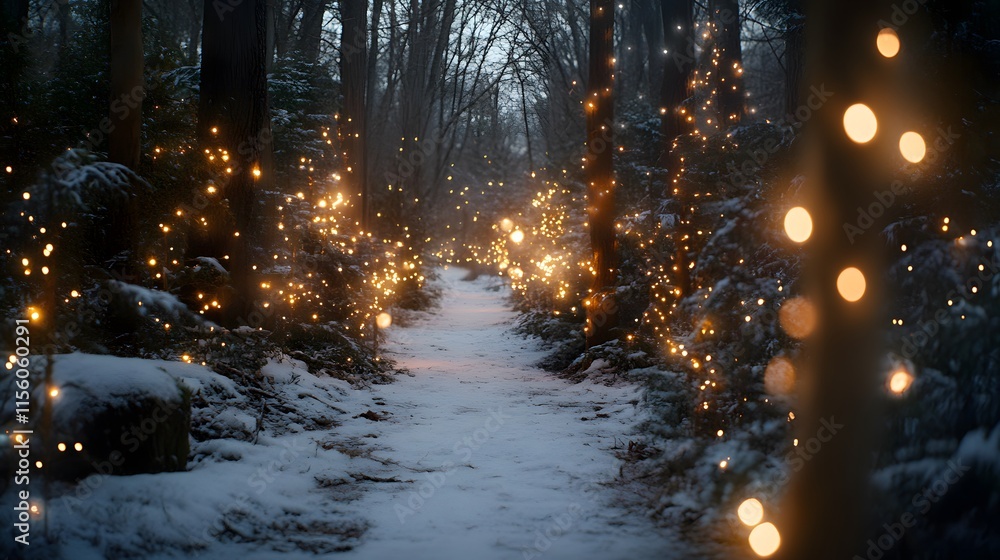 Snowy Forest Path Illuminated By Fairy Lights Snowy Forest Path Illuminated By Fairy Lights