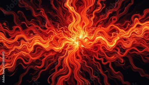An explosive abstract pattern of fiery colors—red, orange, and yellow—twisting and intertwining like flames, with dark charred black elements, creating a dynamic and intense visual effect 