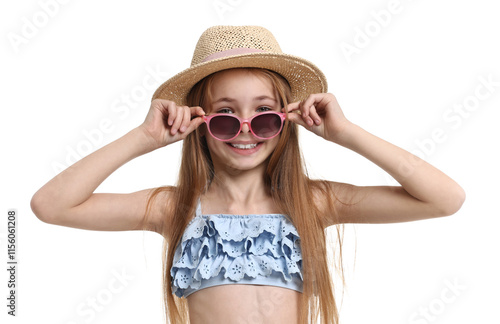 Little girl in beachwear on white background photo