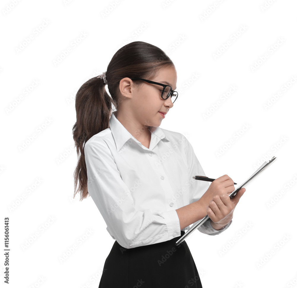 Girl with glasses and clipboard pretending to be accountant on white background. Dreaming of future profession