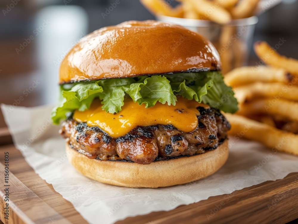 Burger with a juicy patty, melted cheese, and fresh lettuce, served on a wooden tray with fries. Burger with a juicy patty, melted cheese, and fresh lettuce, served on a wooden tray with fries.