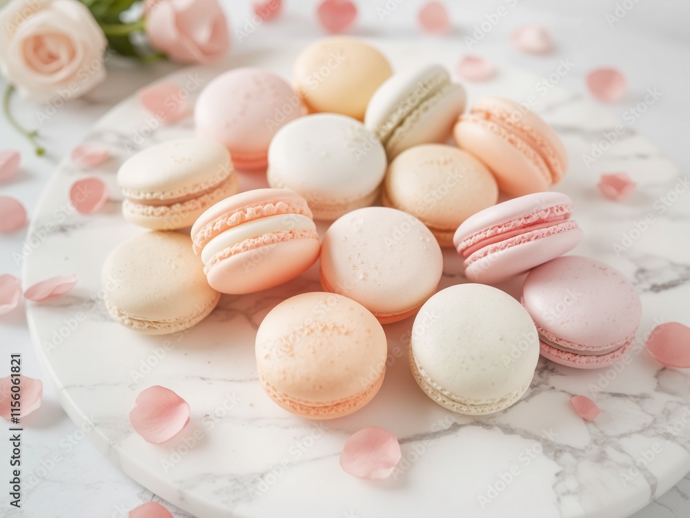 Obraz premium Assorted macarons in pastel colors, arranged on a marble platter with scattered rose petals
