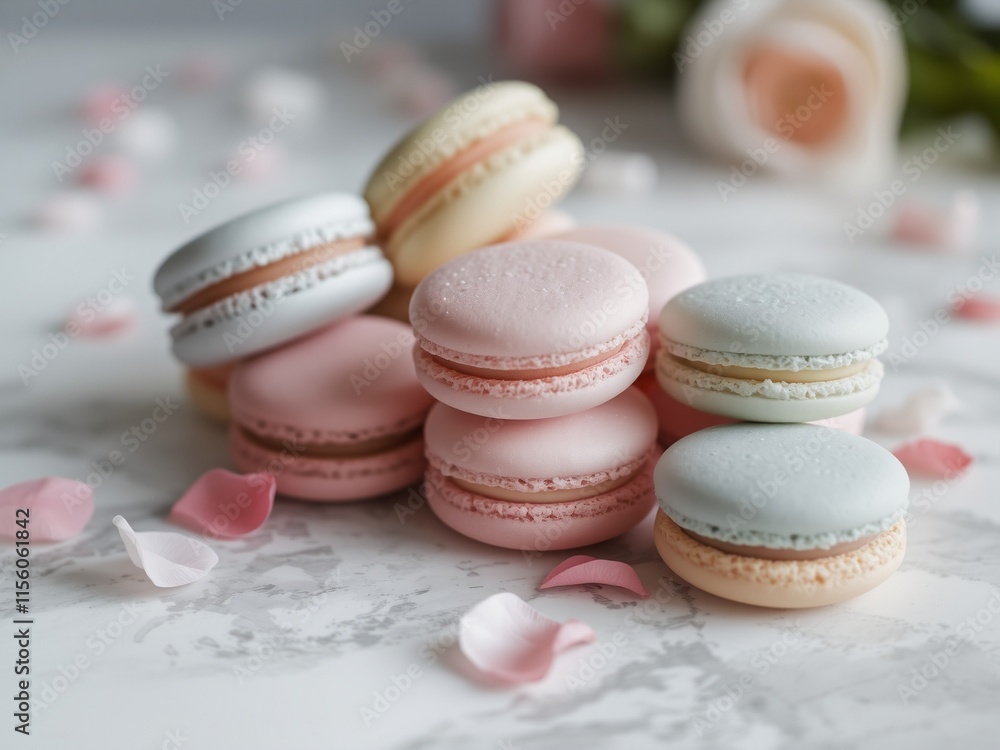 Obraz premium Assorted macarons in pastel colors, arranged on a marble platter with scattered rose petals